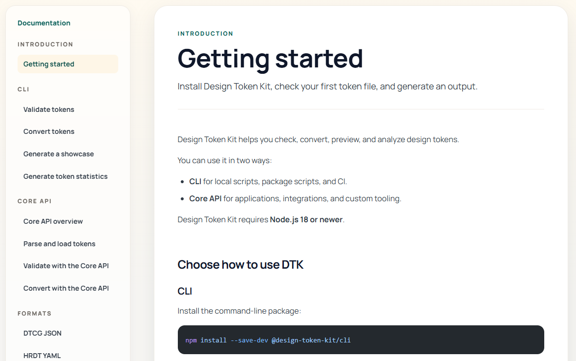 Documentation page preview with sidebar navigation and main Markdown content.